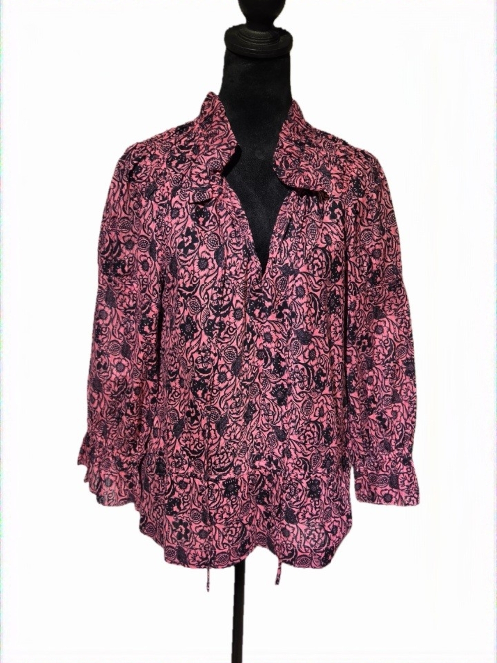 Derek Lam IO Crosby Pink and Black Floral Ruffle V-Neck Blouse 100% Cotton Sz 8